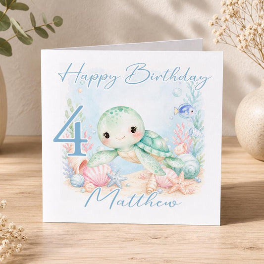 Personalised turtle birthday card with custom name, age and relation printed on an ocean-themed design