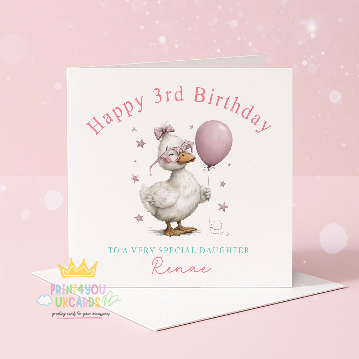 Front view of the personalised pink duck birthday card showing the luxury 350gsm cardstock and soft sheen finish