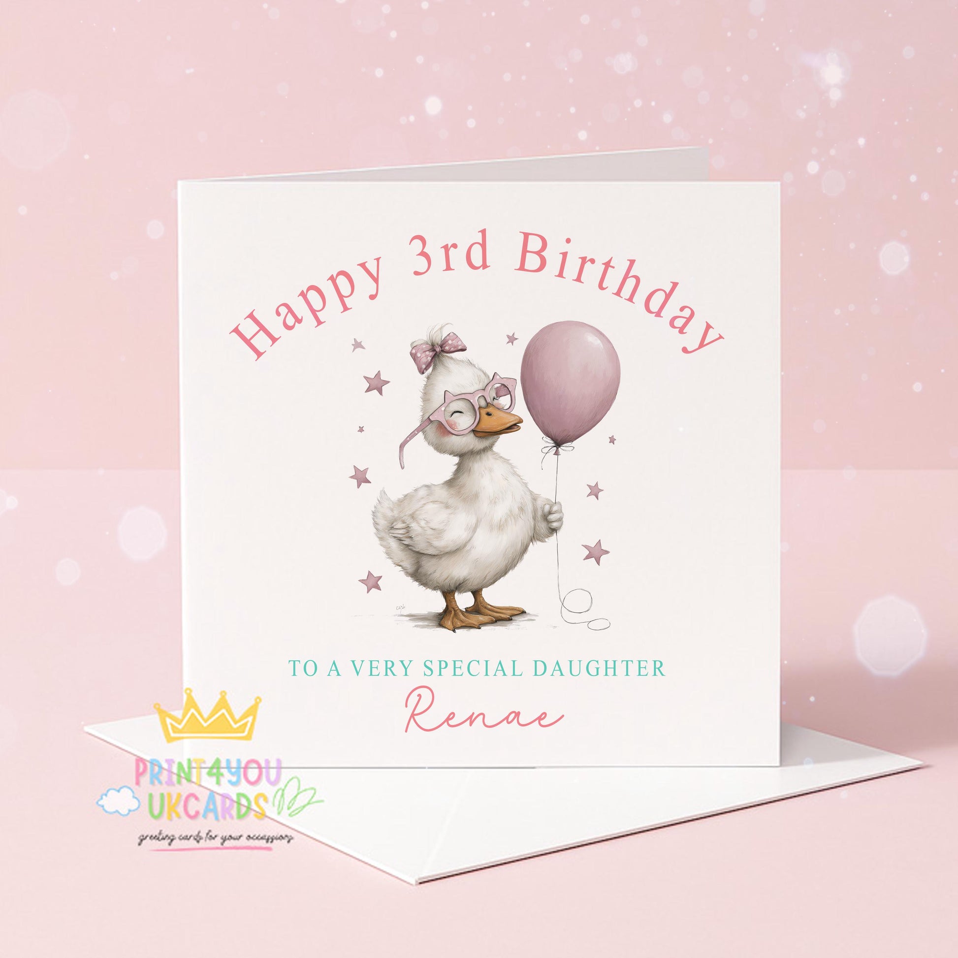 Front view of the personalised pink duck birthday card showing the luxury 350gsm cardstock and soft sheen finish