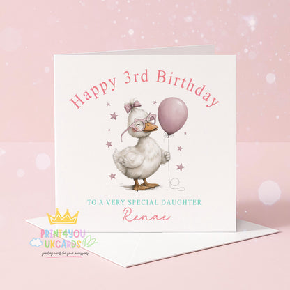 Front view of the personalised pink duck birthday card showing the luxury 350gsm cardstock and soft sheen finish