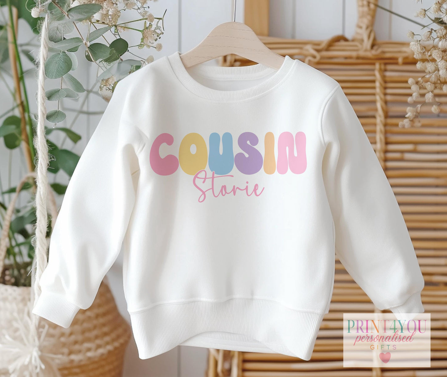 Close-up of the personalised name print on the cousin jumper or t-shirt