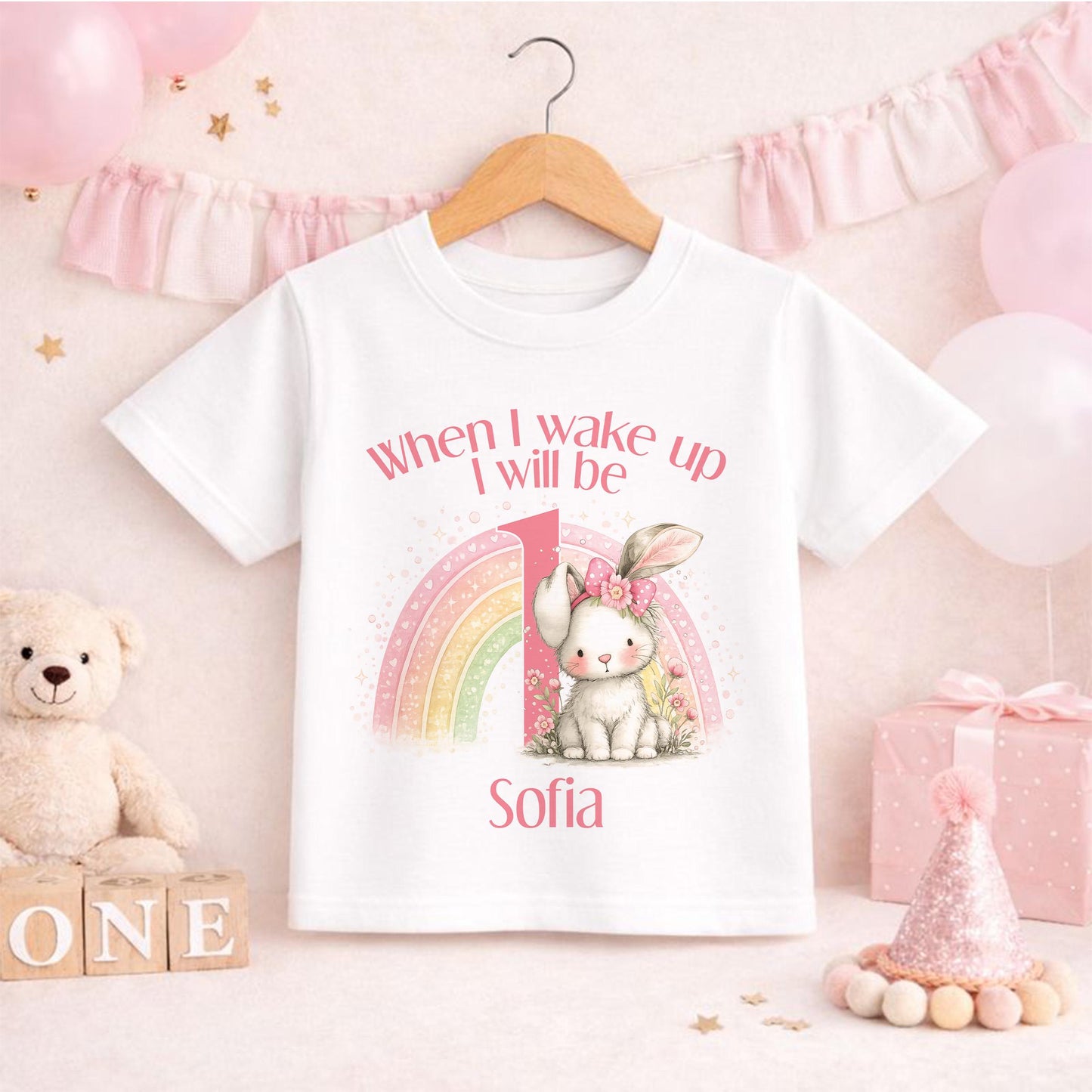 Girl 1st Birthday Outfit – Personalised Rainbow Bunny Shirt For Baby