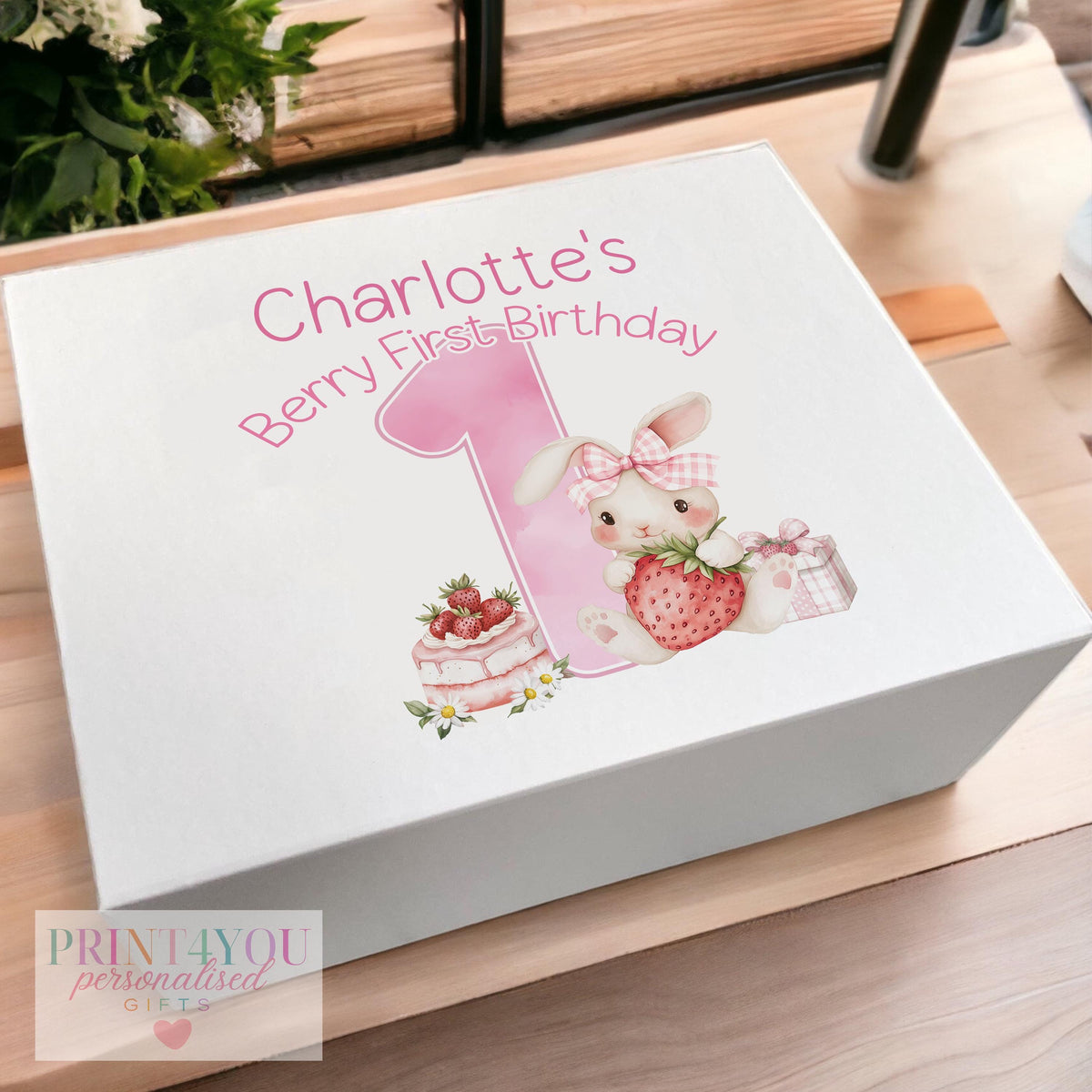 Personalised white baby memory box, medium size, with magnetic closure and custom name print