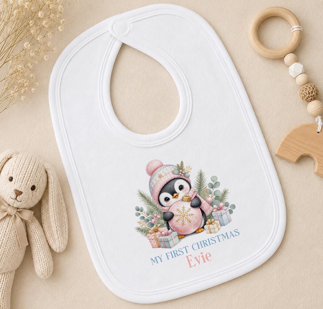 Personalised Baby Christmas Outfit, Pink Penguin First Xmas Set