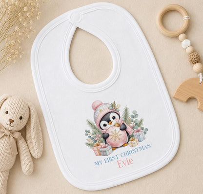 Personalised Baby Christmas Outfit, Pink Penguin First Xmas Set