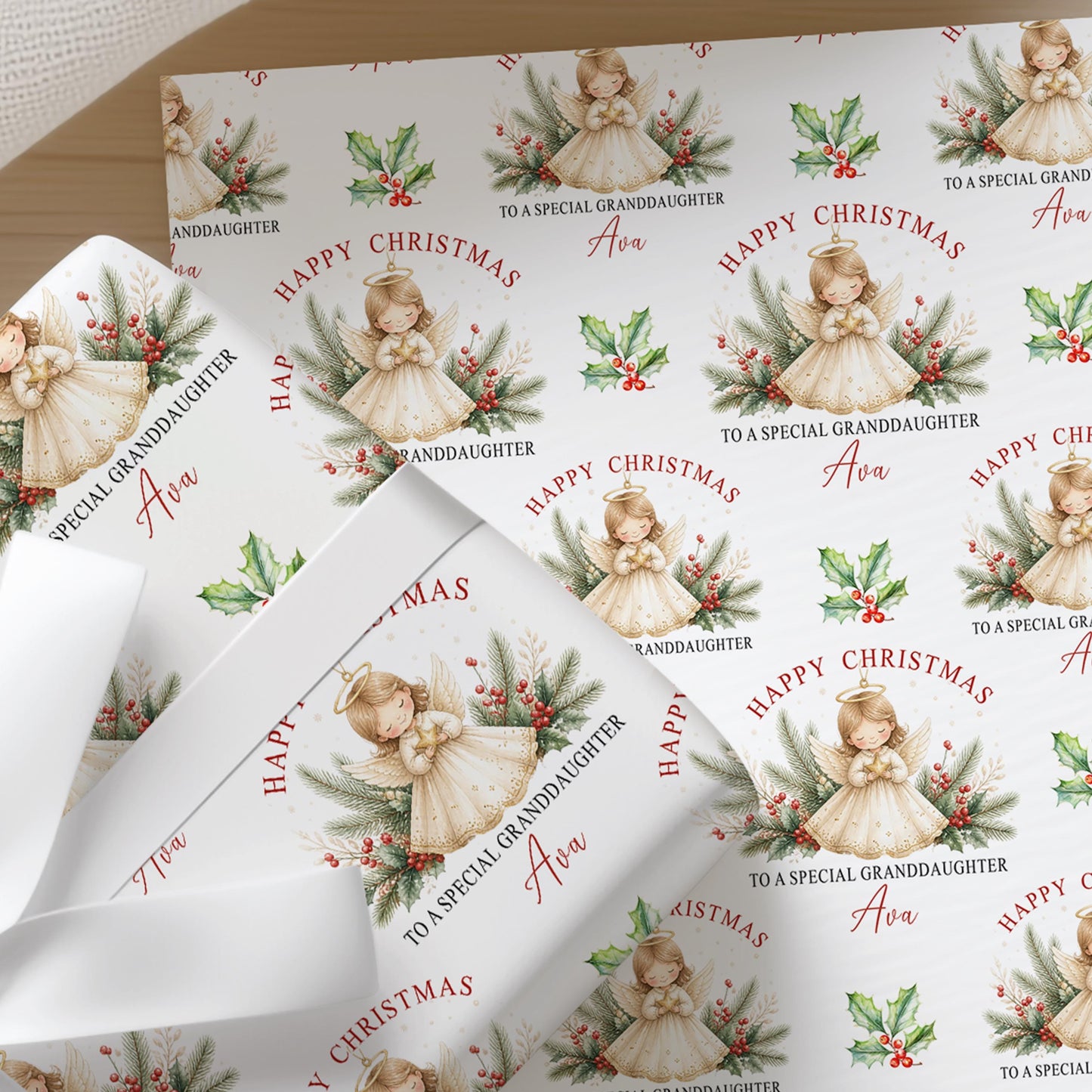 Christmas gift wrapped in the personalised angel wrapping paper