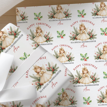 Christmas gift wrapped in the personalised angel wrapping paper