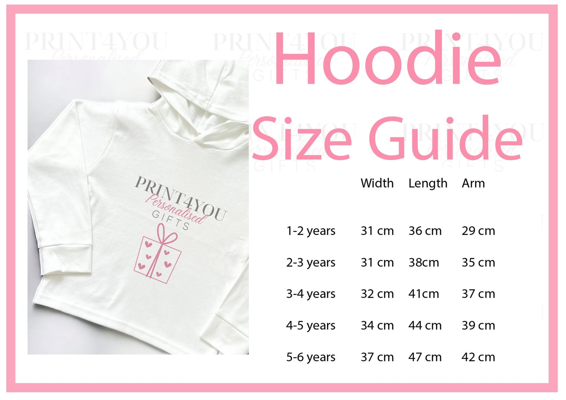 Hoodie size guide with width, length and arm measurements for ages 1-2 to 5-6 years