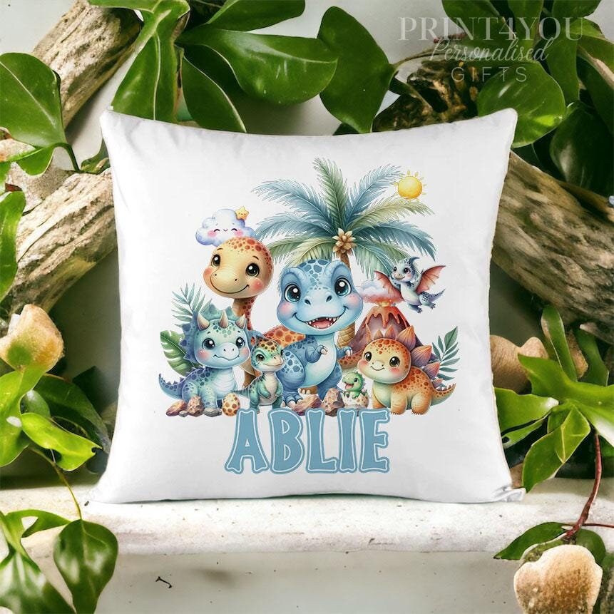 Personalised Dinosaur Cushion – Unique Printed Design With Washable Velvet Cover - Cover and insert