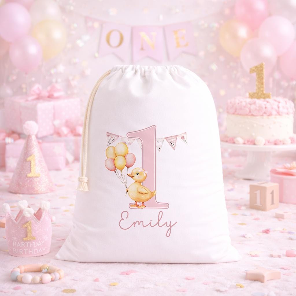 White A3 drawstring party bag printed with a pink duck design and personalised child's name.