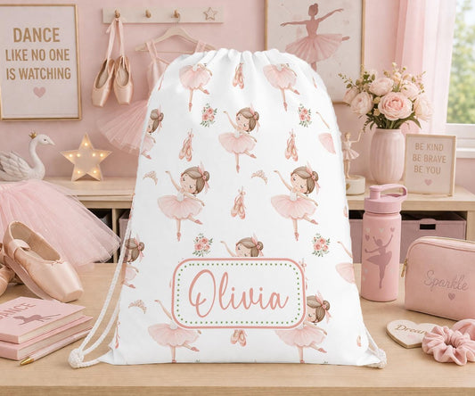 Personalised ballerina PE bag with name Olivia, girls drawstring school bag featuring pink ballet dancers, tutu and ballet shoes
