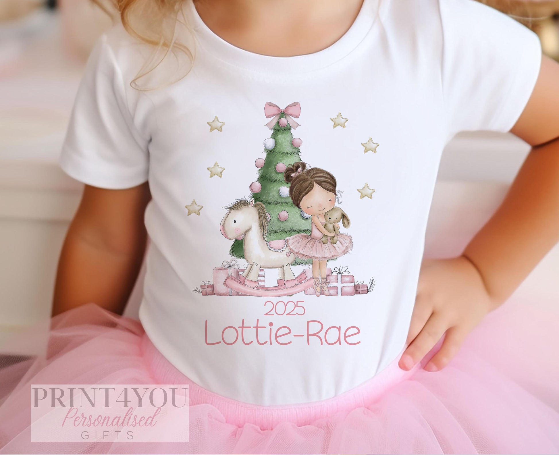 Personalised Christmas ballerina jumper for girls in soft pastel print design 2, shown in 6-12 months size
