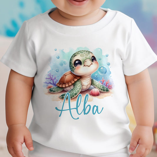 Personalised Sea Turtle baby bib, printed with baby's name.