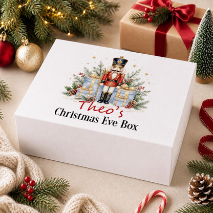 Personalised Christmas Eve box, white magnetic gift box printed with a nutcracker soldier design and a name above Christmas Eve Box