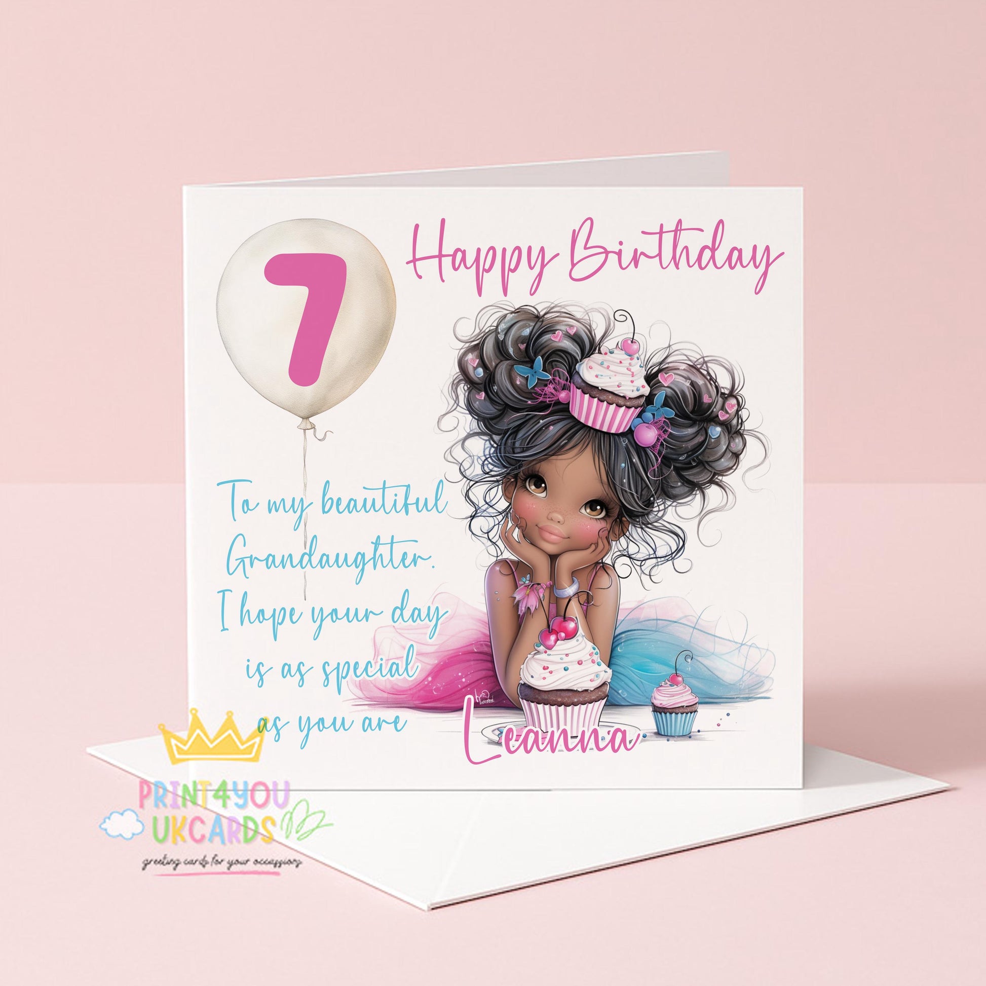 Square birthday card featuring a colourful cupcake illustration with candles, personalised with a girl's name and age.