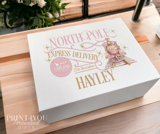 Personalised Christmas Keepsake Box – North Pole Gift Box With Train Design & Magnetic Closure - Medium 16x20x8 cm Centimeters