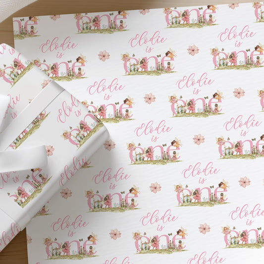 Printed fairy wrapping paper shown as wrapping paper