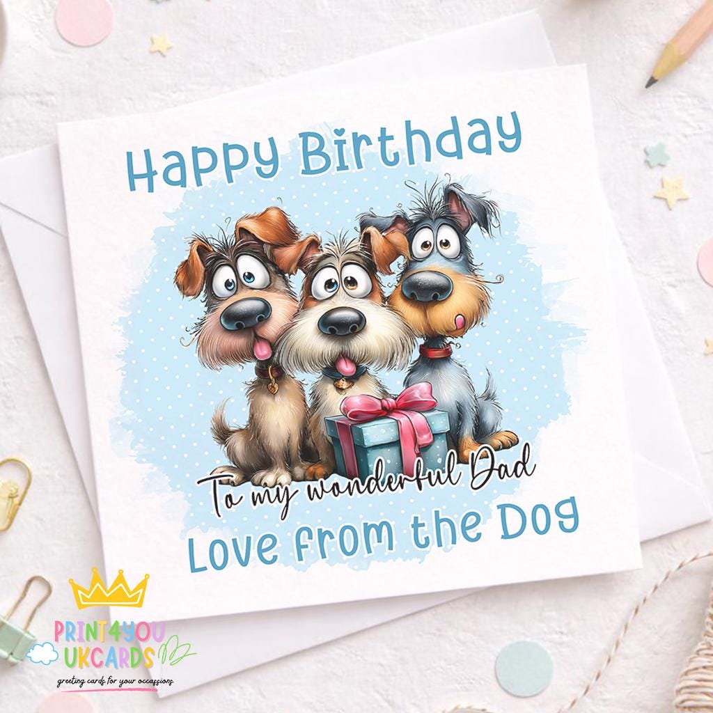 Square personalised dog-themed birthday card shown on white card stock.