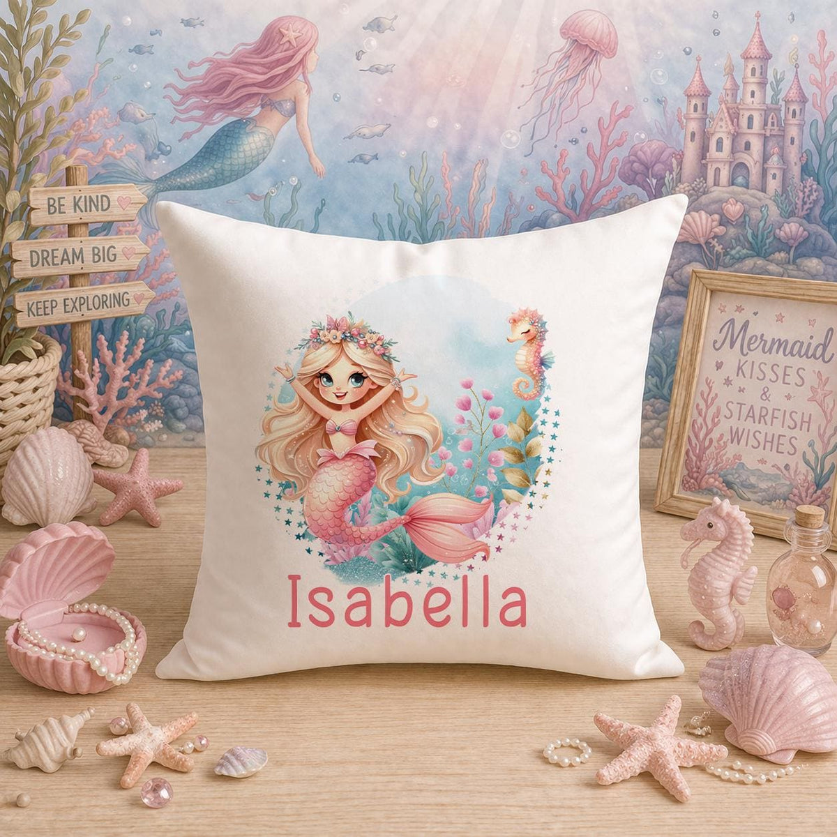 Personalised mermaid cushion, under the sea nursery decor