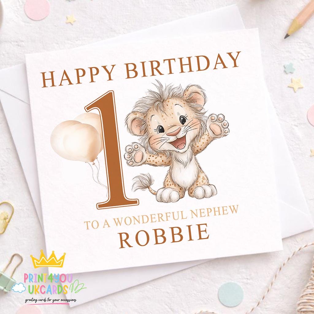 Square 6x6 inch first birthday greeting card shown at an angle to display the lion design and card stock.