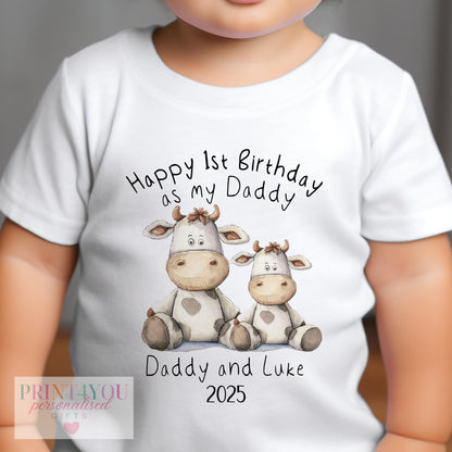 Personalised 'Happy 1st Birthday as my Daddy' vest, two little cows design printed with Daddy and baby's name.