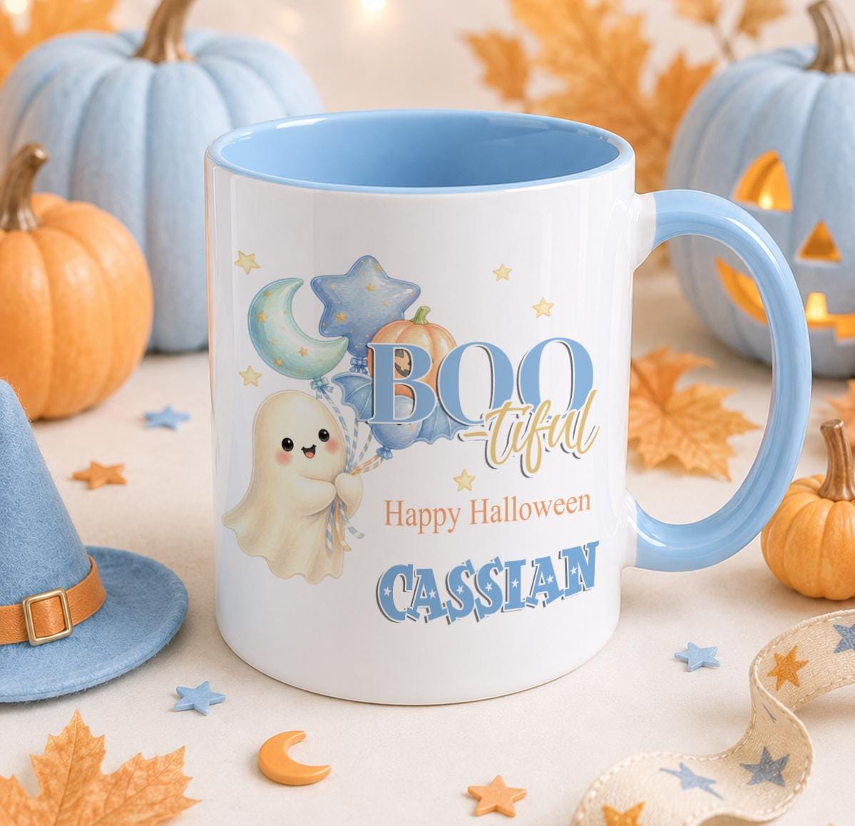Personalised Boo-tiful Halloween ghost balloon mug with blue balloons and custom name, boys' Halloween coffee mug in blue and orange