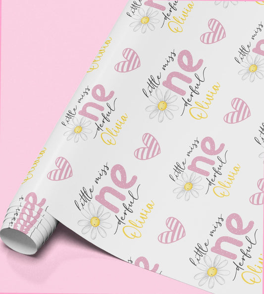 a repeating pattern of pink and white flowers, hearts, and the text "little miss Olivia" on a white background.