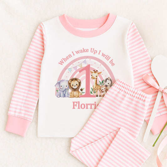 Personalised Pink Striped Children's Pyjamas "When I Wake Up I Will Be ...." with Pink Safari Rainbow - 6-12 months