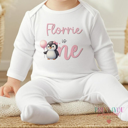 Personalised penguin bib with custom baby name and pink balloon penguin print