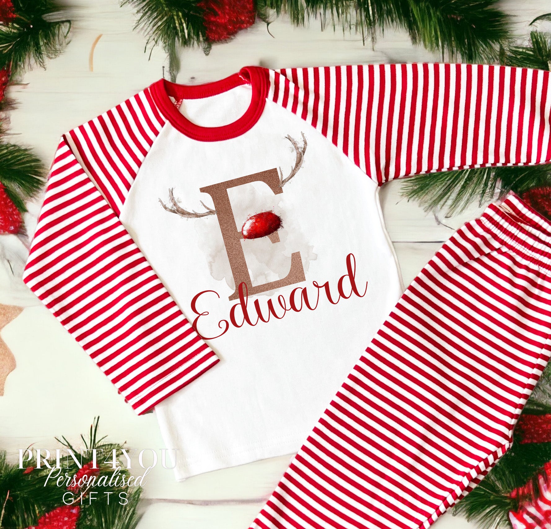 Personalised Red & White Striped Children's Christmas Pyjamas – Reindeer Antler Letter - 1-2 years