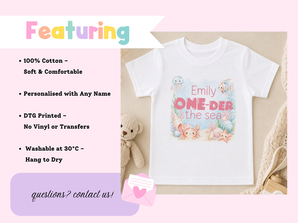 Personalised under the sea T-shirt with a mermaid and sea creature print, 100% cotton and machine washable at 30°C