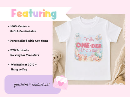 Personalised under the sea T-shirt with a mermaid and sea creature print, 100% cotton and machine washable at 30°C