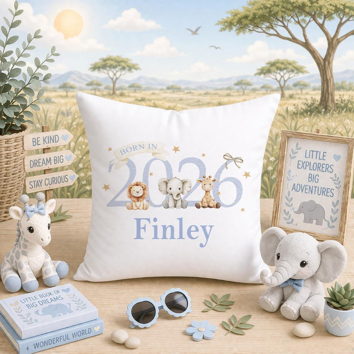 Personalised safari-themed nursery cushion printed with a child's name