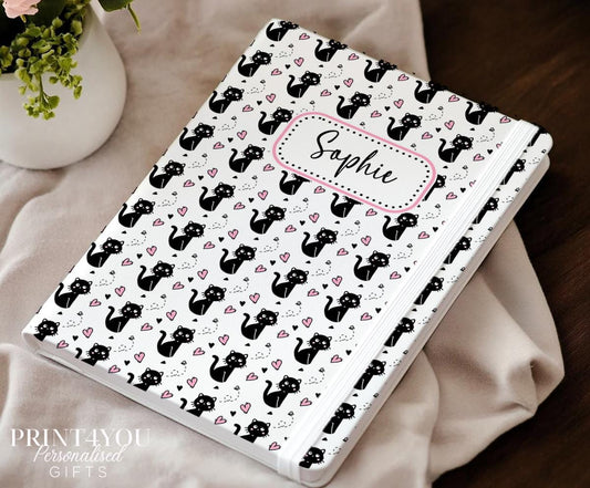 Personalised black cat notebook front cover with cat and heart pattern design and custom name