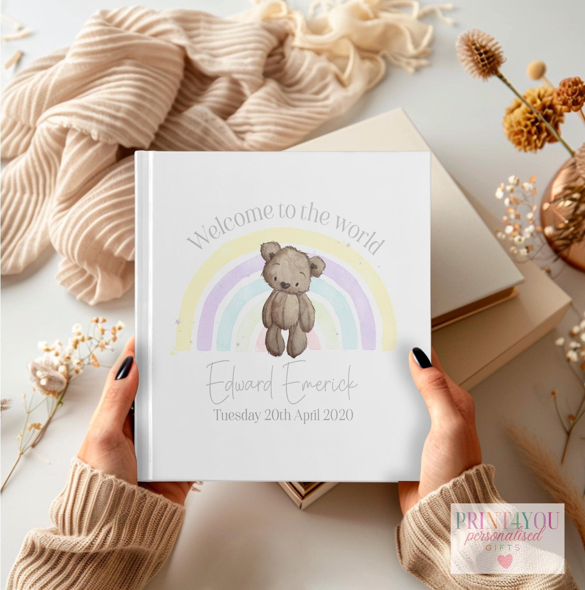 Personalised teddy bear rainbow baby photo album with premium PU cover, 22x22cm