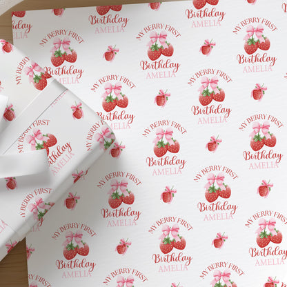 Personalised strawberry wrapping paper printed with a custom name, shown as a full sheet