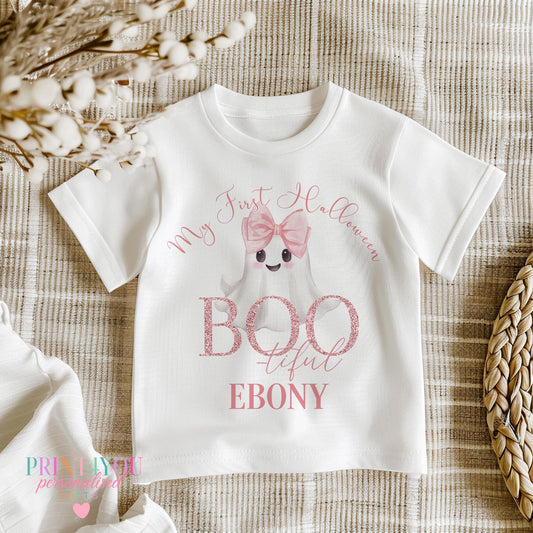 Personalised Halloween baby bib with pink bow ghost 'BOOtiful' design and baby's name.