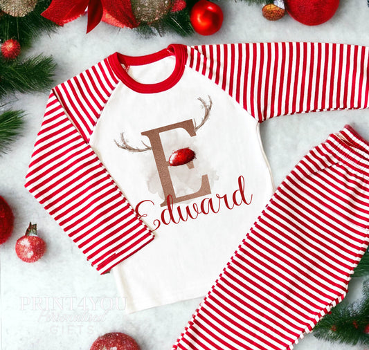 Personalised Red & White Striped Children's Christmas Pyjamas – Reindeer Antler Letter - 6-12 months