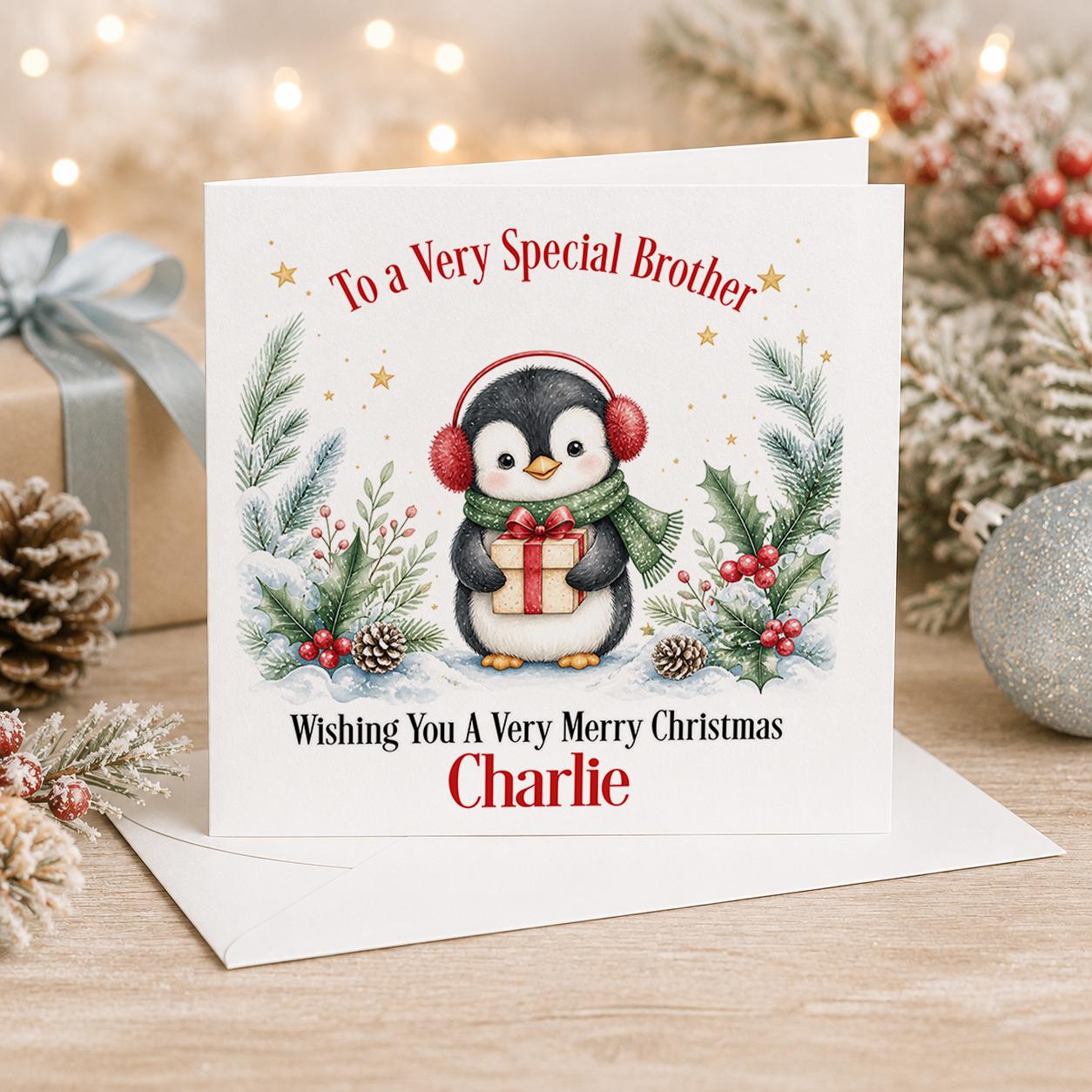 Personalised penguin Christmas card, white 6x6 inch square card printed with a penguin in red earmuffs holding a present with a name