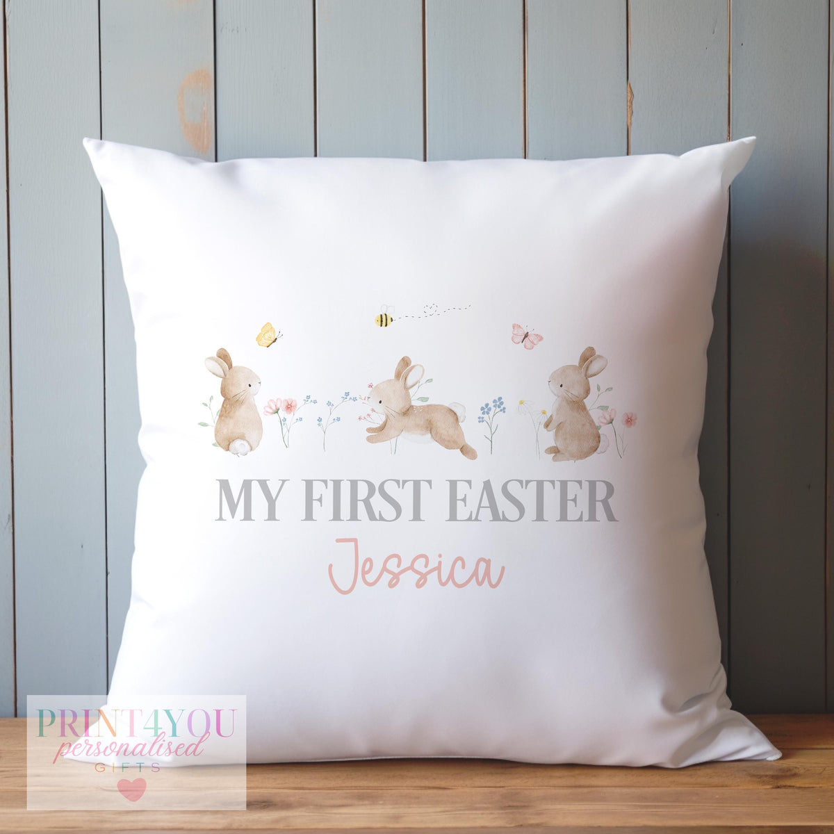 Personalised Easter bunny cushion cover, 40x40cm, with custom name