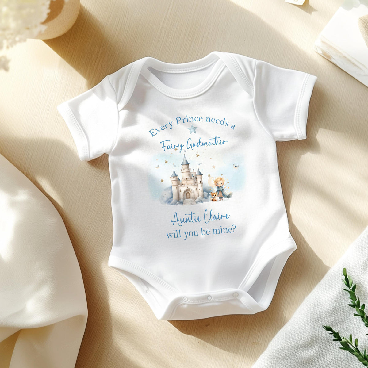Personalised Godmother proposal baby vest, close-up of print