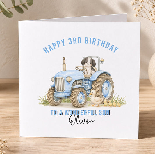 Personalised tractor birthday card reading Happy 3rd Birthday to a wonderful son Oliver, illustrated with a blue tractor and dog