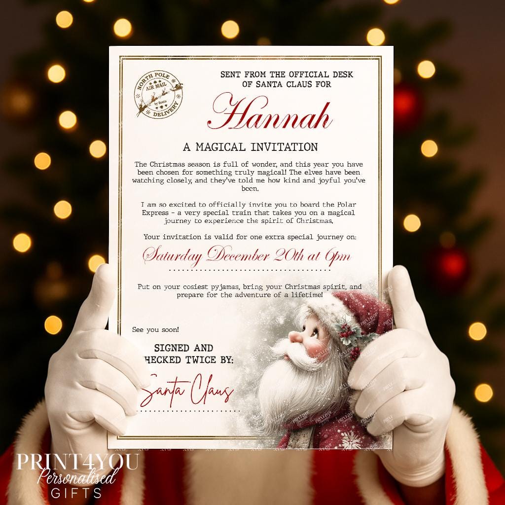 Personalised Polar Express Christmas Invitation – Santa Letter Keepsake, Custom Name & Date