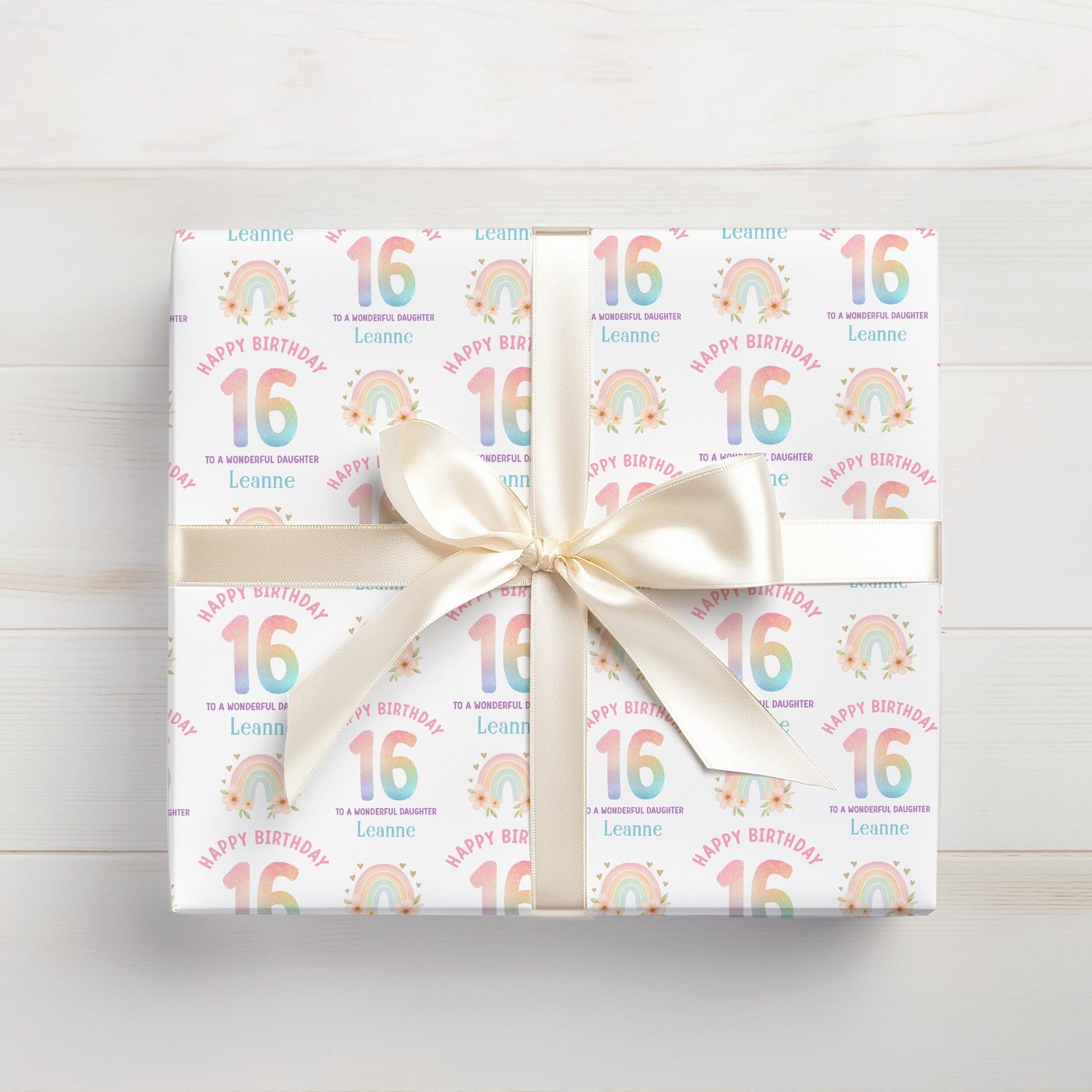 Roll of personalised rainbow wrapping paper packaged in a postal tube ready for delivery.