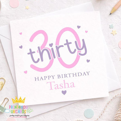 Personalised 30th birthday card with modern pink and purple design