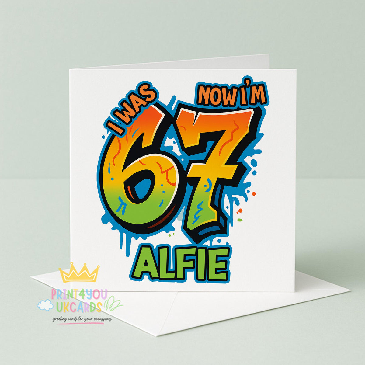 Front view of the personalised kids birthday card printed on 350gsm card stock.