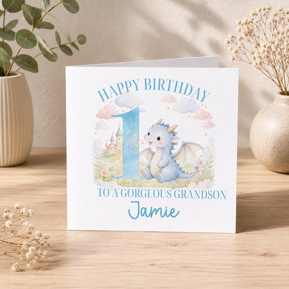 Same blue dragon birthday card design personalised with Happy Birthday to a Gorgeous Grandson Jamie and the number 1