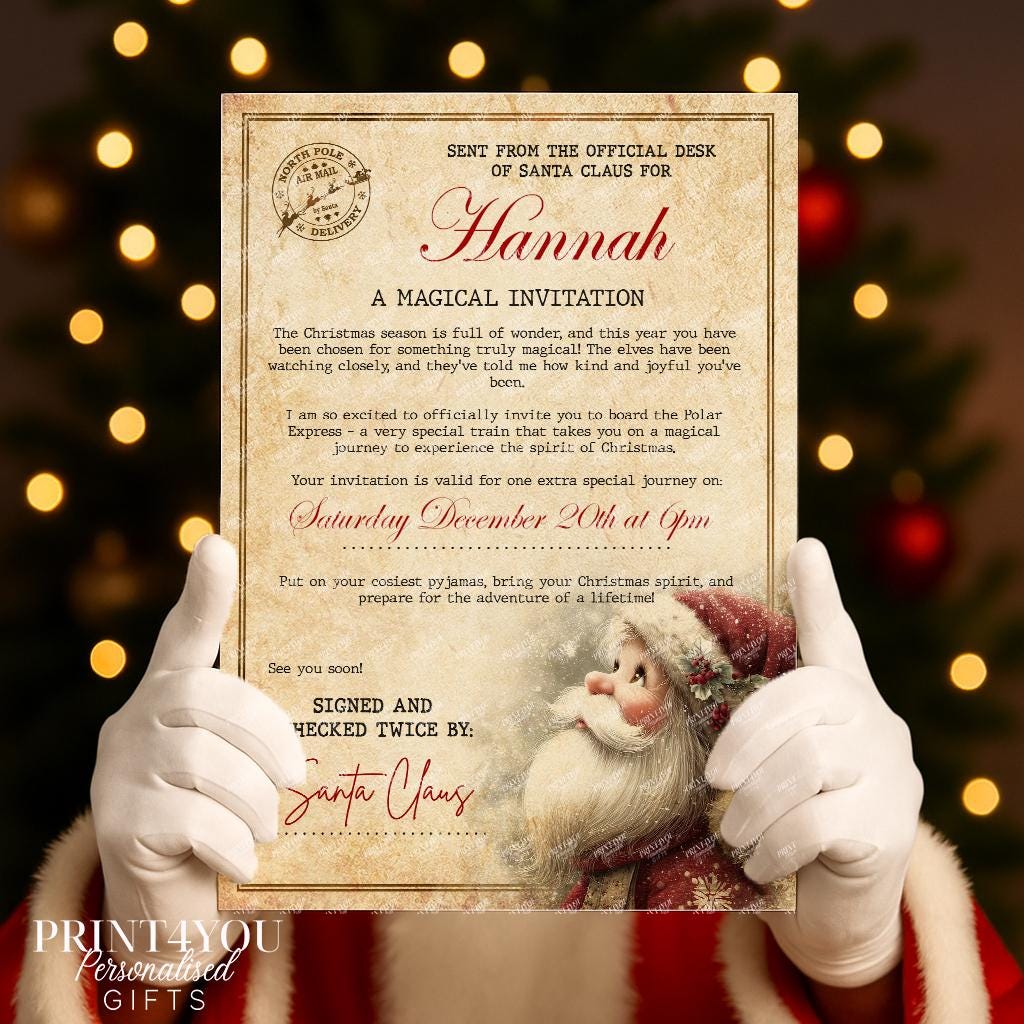 Personalised Polar Express Christmas Invitation – Santa Letter Keepsake, Custom Name & Date