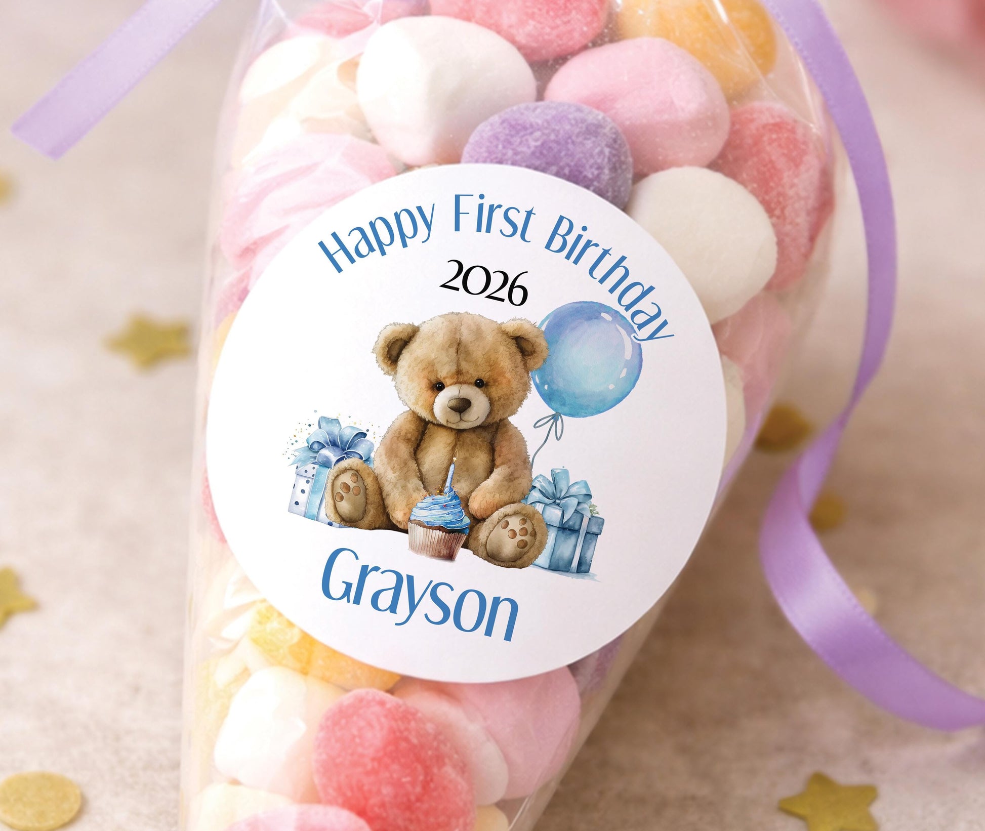 Printed birthday stickers shown as wrapping paper