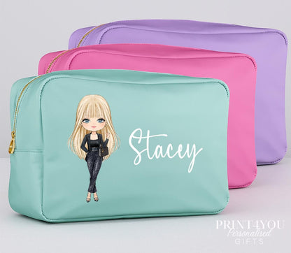 Personalised character makeup bag shown in mint colourway with gold zip